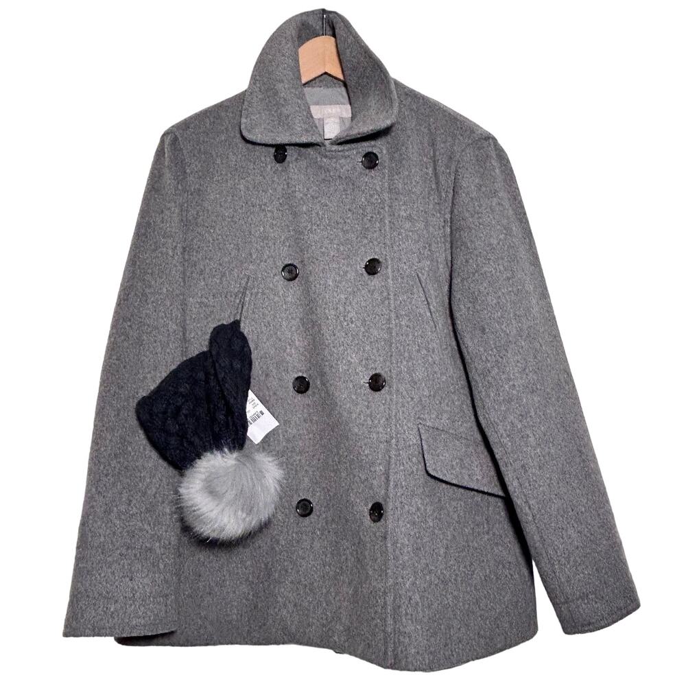 J. Crew Wool Cashmere Peacoat Gray PLUS Beanie Faux Fur Pom Basket Weave Cap - Picture 1 of 16